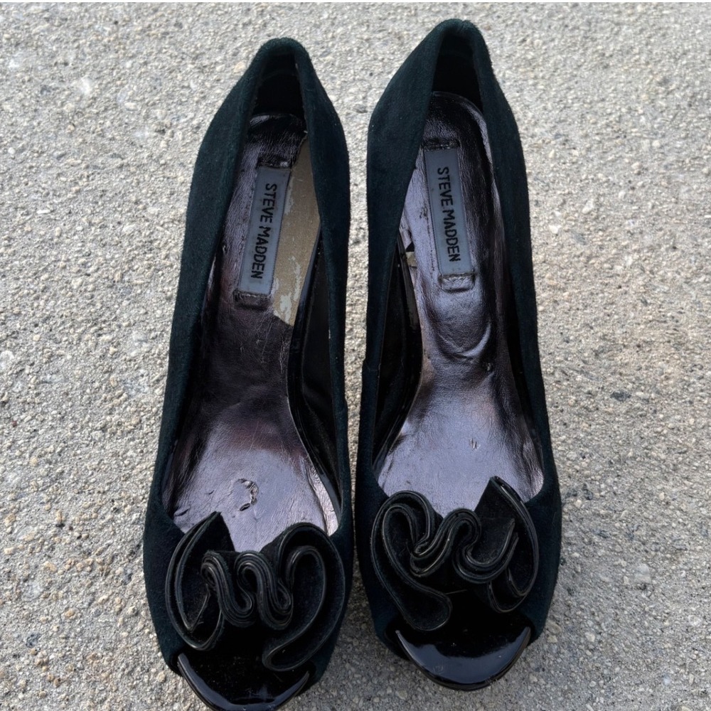 Steve Madden Womens Black Suede Ruffle Peep Toe Platform Stiletto Pumps Heels